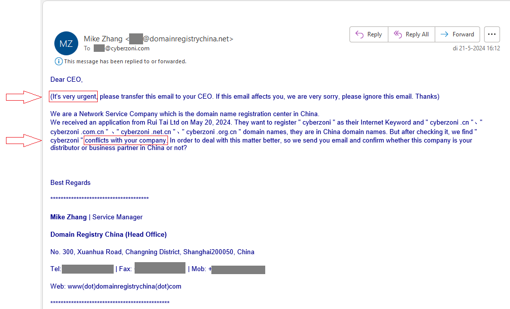 Chinese Domain Registrar Spam Cyberzoni.com